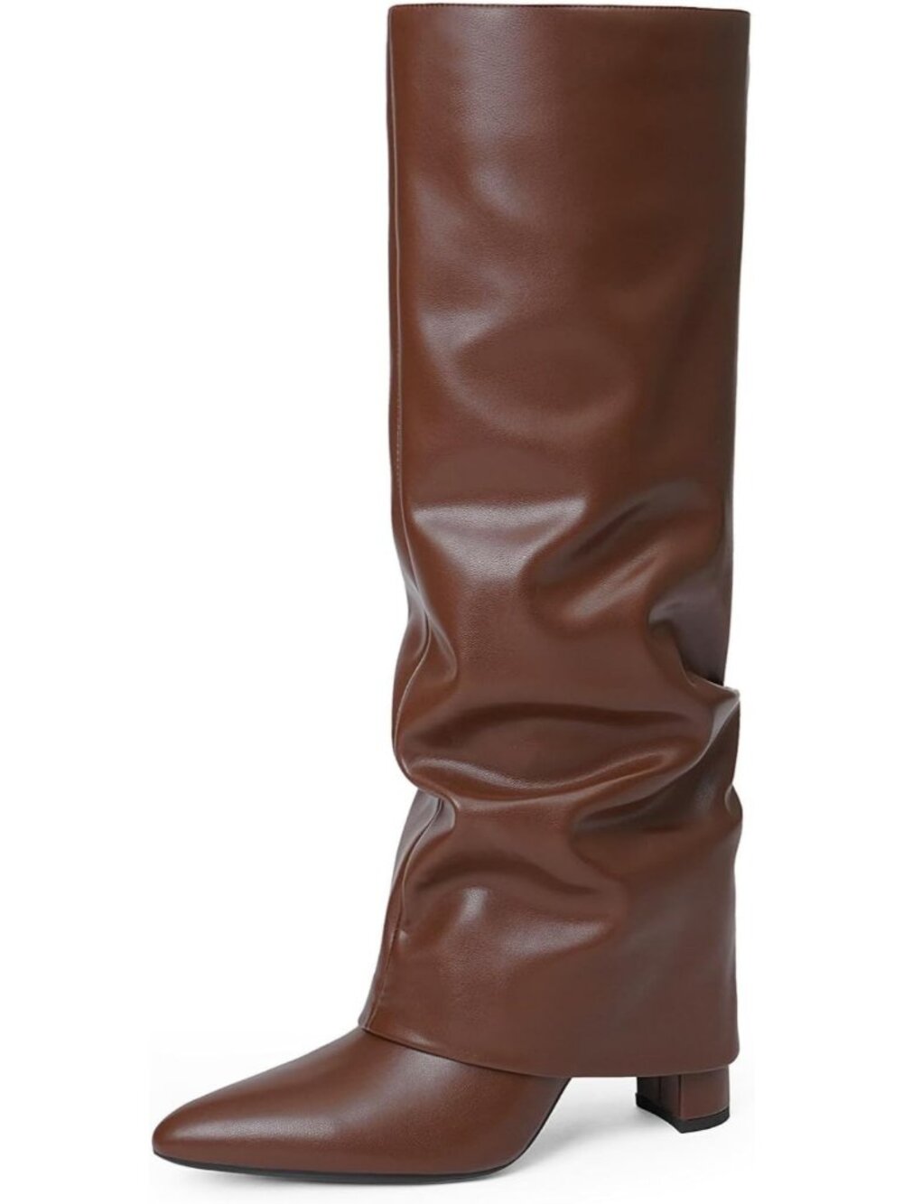 Women's Brown Slouch Knee High Fold Over Boots Chunky Heel Pointed Toe Tall Boot